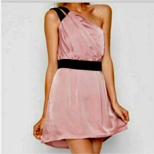 BCBGeneration One Shoulder Pink Mini with Pleated Shoulder Fan Black Straps ZB4